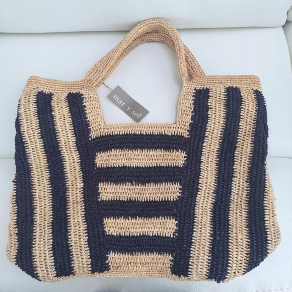 NWT Mar Y Sol Cabana Stripe Straw Hand Made Carry All Tote Bag - Picture 4 of 12